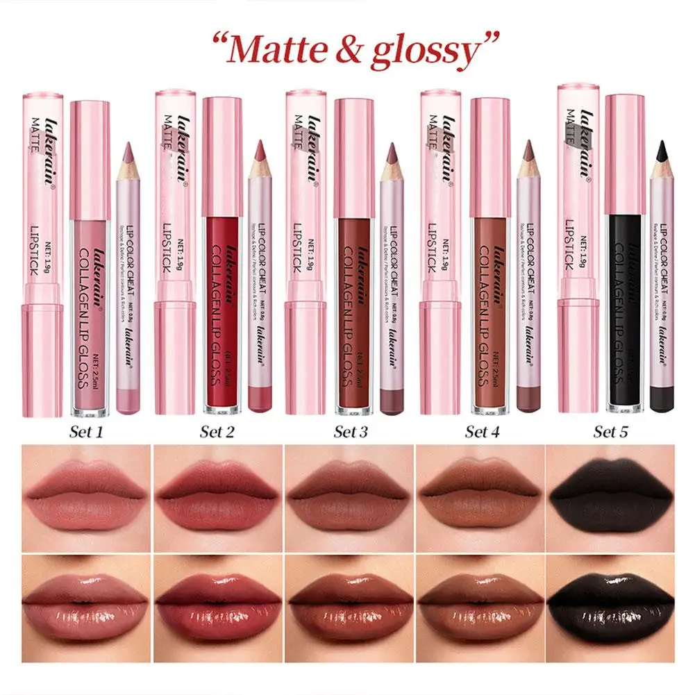 Lip Combo Rossetto opaco + Penna per labbra Set lucidalabbra Set di rossetti per labbra idratanti opachi impermeabili a lunga durata Set per trucco labbra