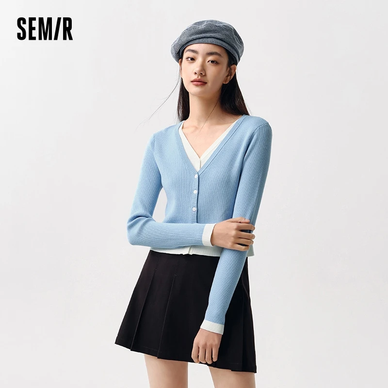 Semir Knitted Cardigan Women Short Style Faux Two-piece Contrast Color Spring Skinny V-neck Square-shoulder Top Slimming