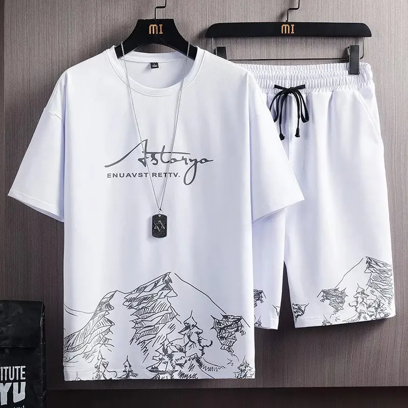 

Ice Silk Men's Short Sleeve T-Shirt Lightweight Quick Dry Summer Casual Sportswear Set Trendy Clothes Five-Quarter Polyester