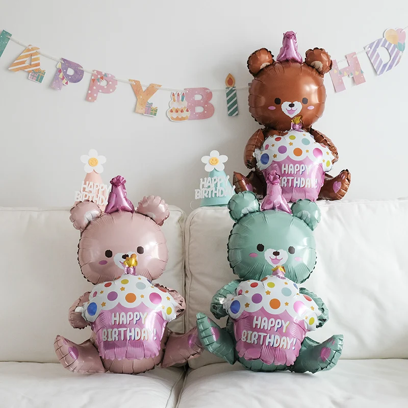 3-Layer Large Cake Balloons Happy Birthday Cartoon Bear Cake Foil Balloons for Kids Birthday Party Decoration Props Ballon Toys