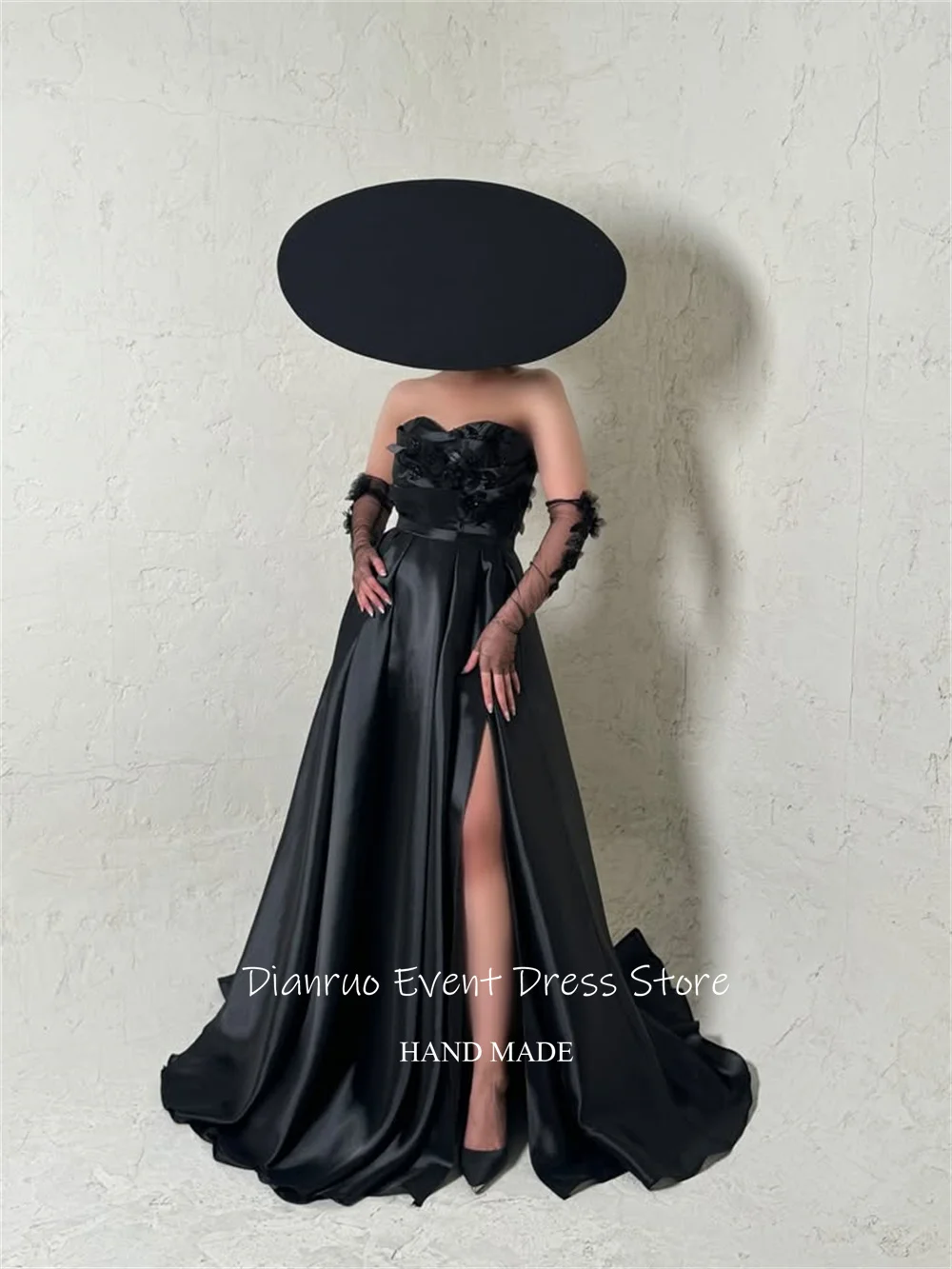 Dianruo Gaun Malam Bunga A Line Tanpa Tali Satin Celah Tinggi Vestidos De Noche Ruched Biru Laut Abendkleider Dubai Disesuaikan