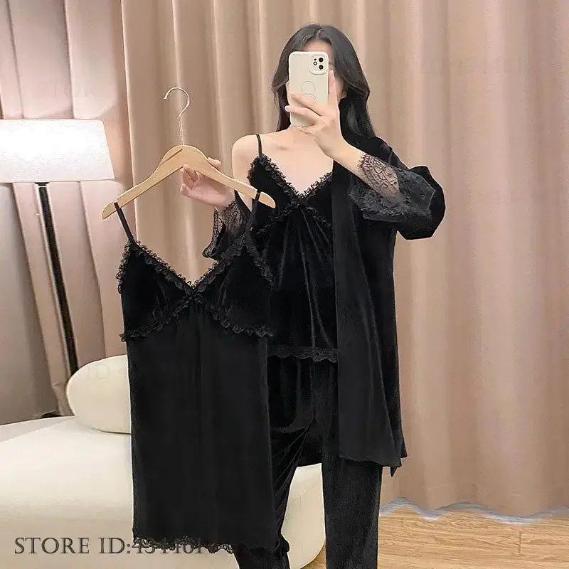 

Розовые велюровые женские пижамы, комплект из трех предметов, одежда для сна, осенне-зимняя одежда для сна, домашняя одежда, свободный бархатный пижамный костюм, одежда для дома