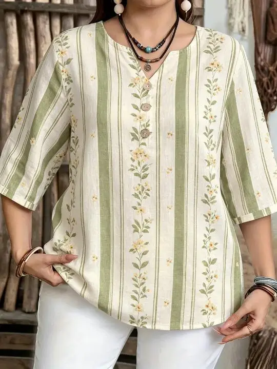 Women Vertical Stripe Floral Combined Print Blouse Notched Neck 3/4 Sleeve Loose Fit For Curvy Figures Daily Casual Tops