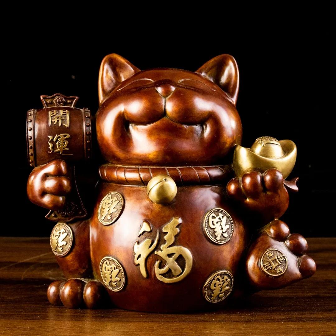 

9-дюймовая коллекция тибетского храма, старые латунные картины, процветание богатства, монеты Юаньбао, статуя счастливого кота, украшения для богатства