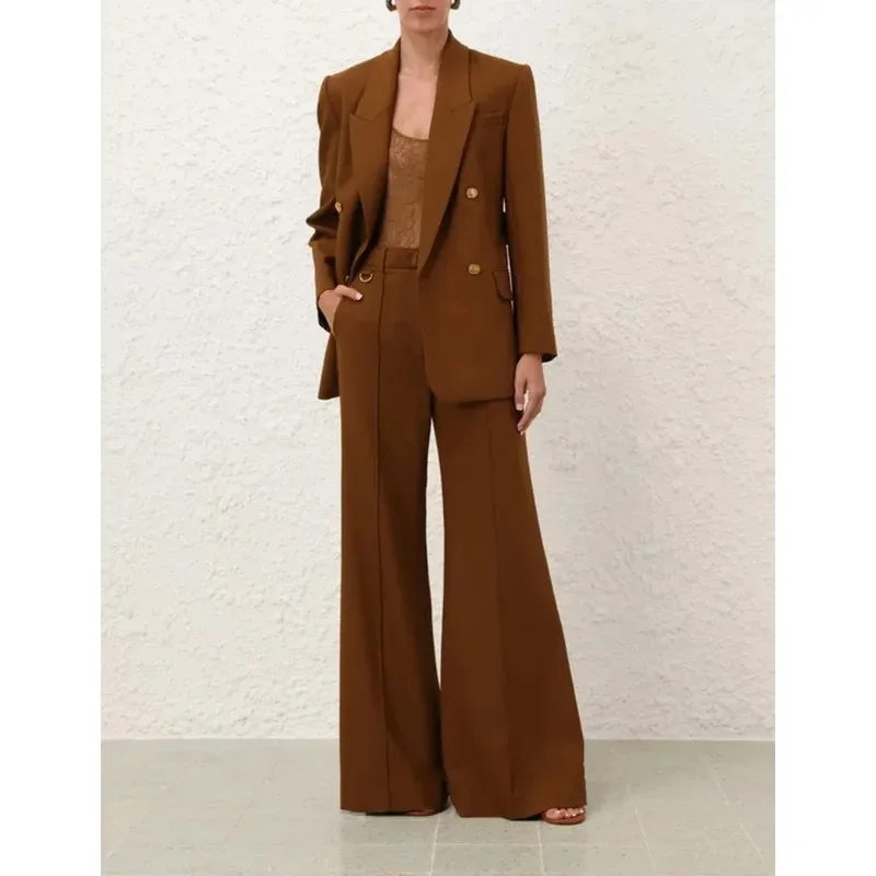 

Pink Brown Long Sleeve Turn Down Collar Jacket Tops and Pants Set 2025 Ramie