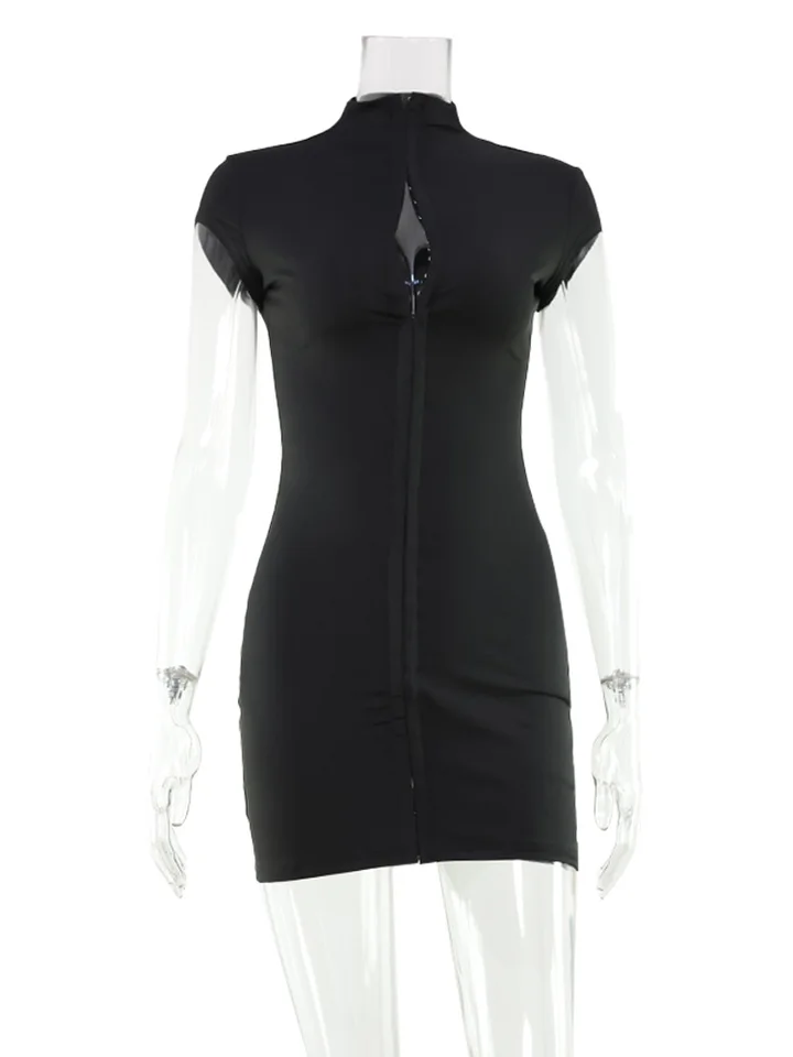 high neck short sleeve bodycon dress Beige Natural Basic High-neck Short Sleeve Bodycon Midi Dress Women