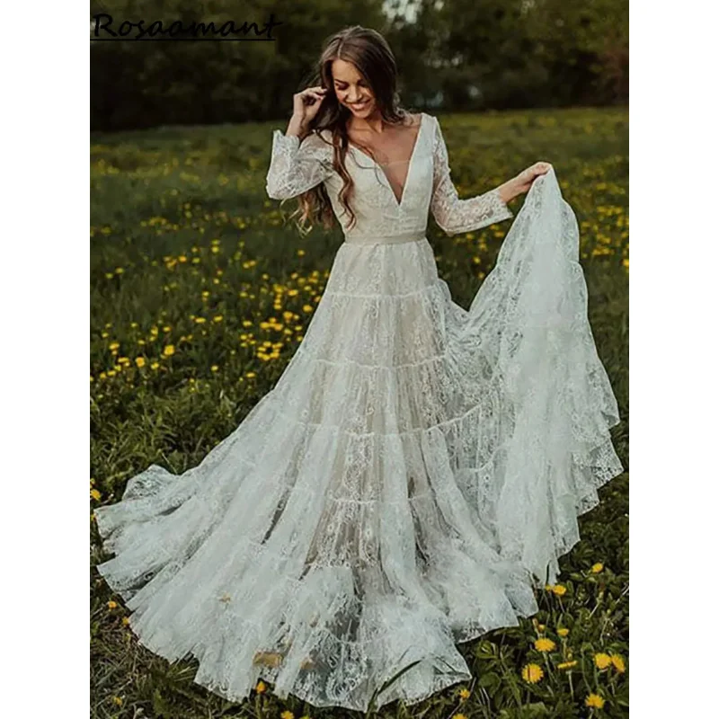 Винтажные свадебные платья трапециевидной формы с v-образным вырезом и длинными рукавами, аппликации с открытой спиной, кружевные многоярусные свадебные платья в стиле кантри