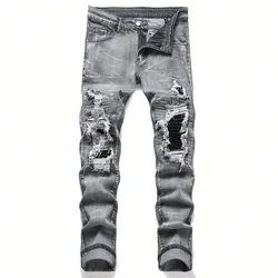 Jeans en denim extensible pour hommes, streetwear déchiré, patchwork déchiré, trous, taille élastique, pantalons décontractés, coupe couvertes, coupe droite, fjwear