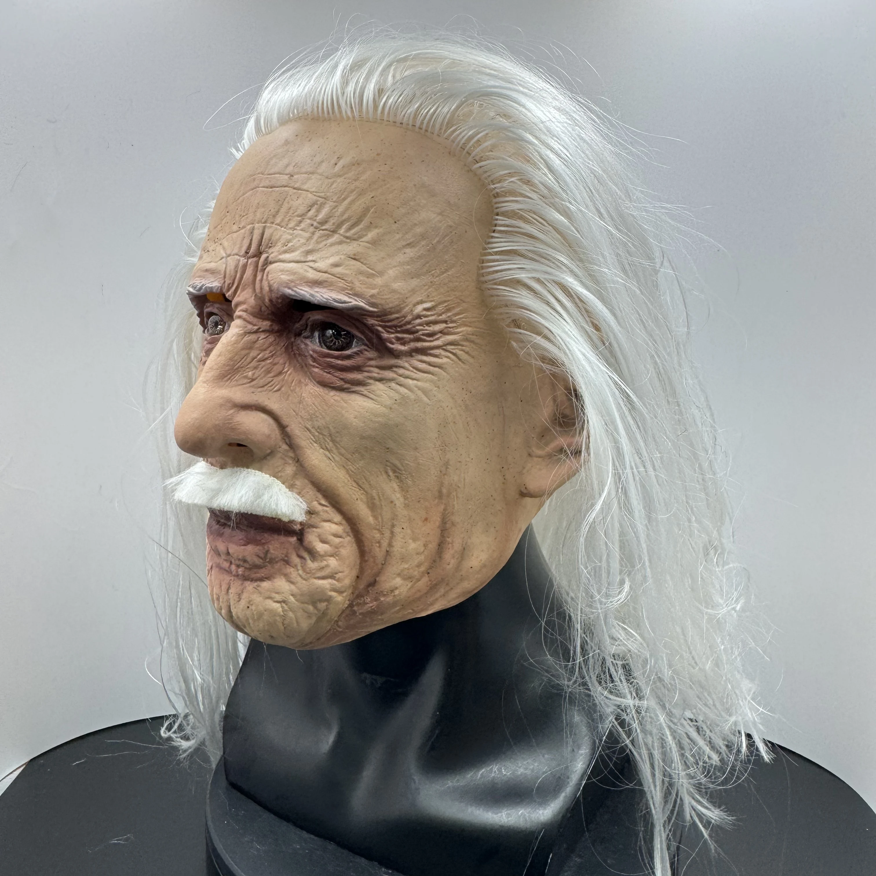 Realistische Albert-Einstein-inspirierte Maske mit langen weißen Haaren, Latex-Ganzkopfmaske für Halloween-Cosplay, wissenschaftliche Themenpartys – Detail 7