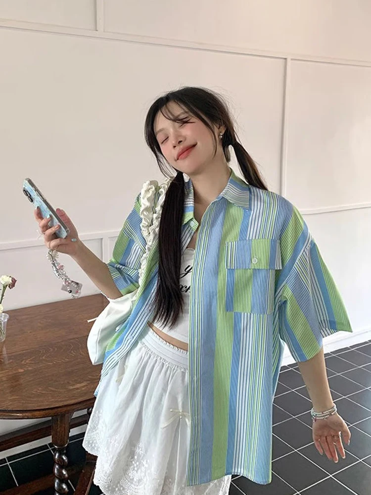 Koreanische Lose Gestreiften Hemd Frauen Casual Vintage Oversize Halbe Hülse Bluse Sommer Adrette Weibliche Retro Süße Tops