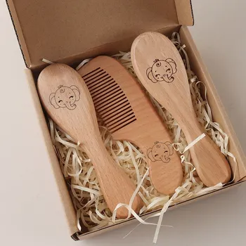 Engraved Panda Baby Hair Brush Natural Wool Wooden Comb Air Cushion Brush Newborn Baby…