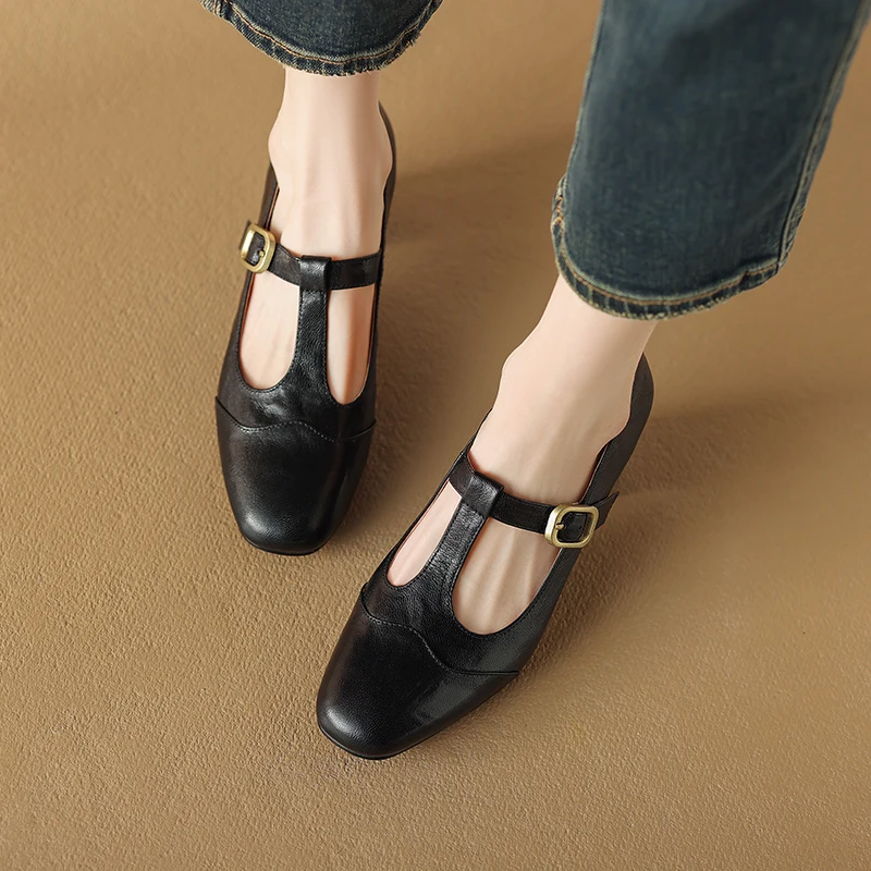 2024 Spring Mary Janes Genuine Leather Women Shoes Square Toe Thick Heel Women Buckle Strap Commute Pumps Retro High Heels