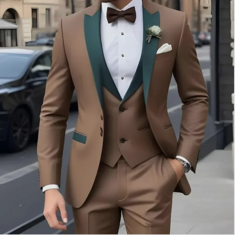 

Customized Brown Men's 3 Piece Suit Single Breasted Peak Lapel Slim Fit Jacket Pants Vest High Quality Terno Full Set