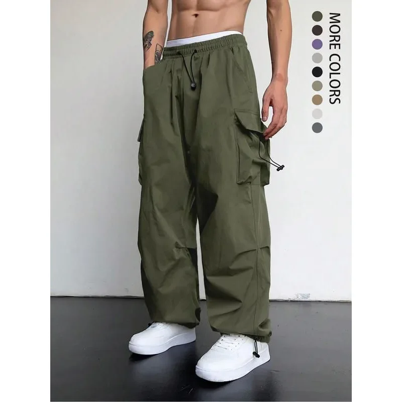 Ropa de trabajo de secado rápido, pantalones informales, pantalones de pierna ancha de cintura alta para hombre, novedad de verano, pantalones de paracaídas de estilo americano, pantalones largos holgados