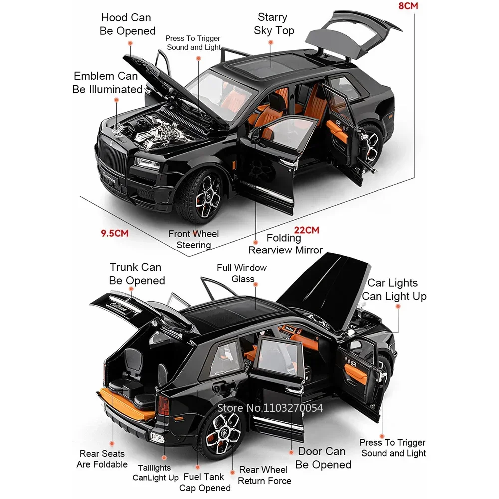 1:20 رولز رويس كولينان شارة سوداء فانتوم سبيكة نموذج اللعب دييكاست سيارة 6 أبواب مفتوحة ضوء الصوت التراجع هدايا عيد الميلاد