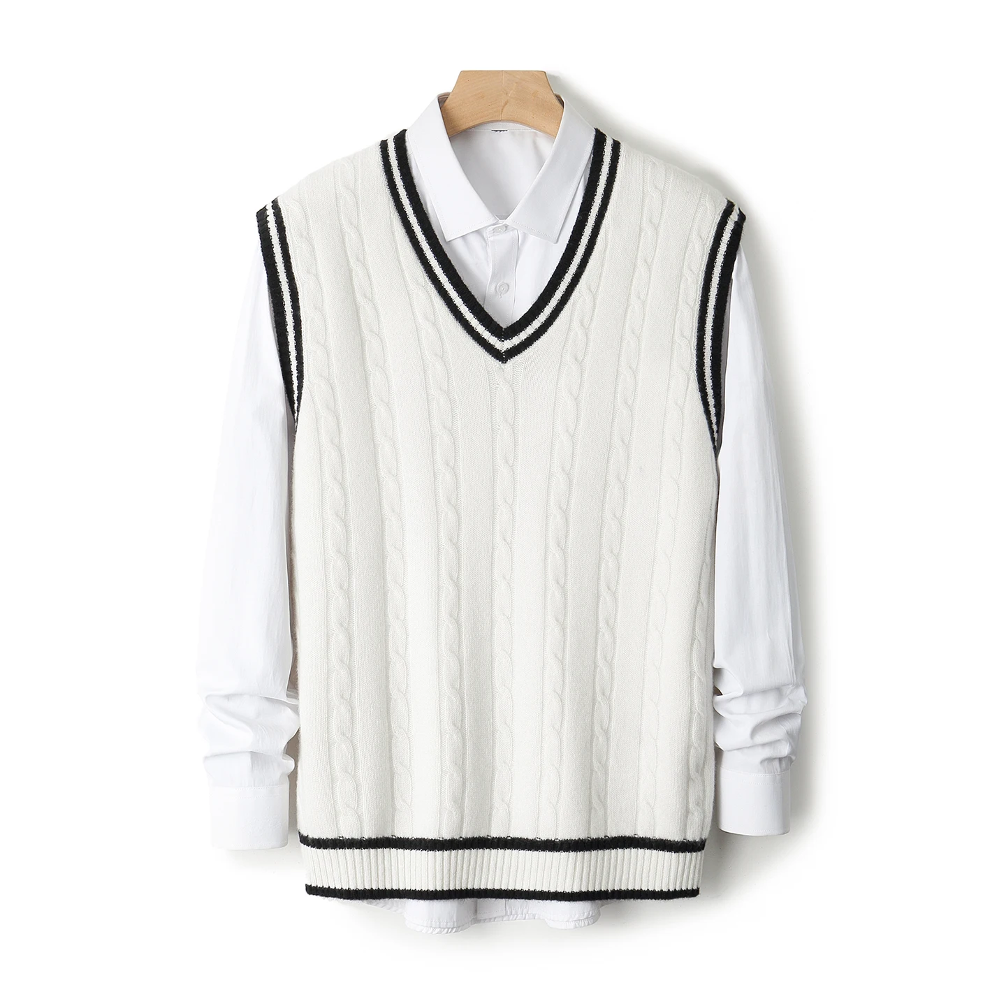 

Новый мужской вязаный утолщенный черно-белый жилет из 100% мериносовой шерсти, свитер с v-образным вырезом без рукавов, деловые топы высокого качества