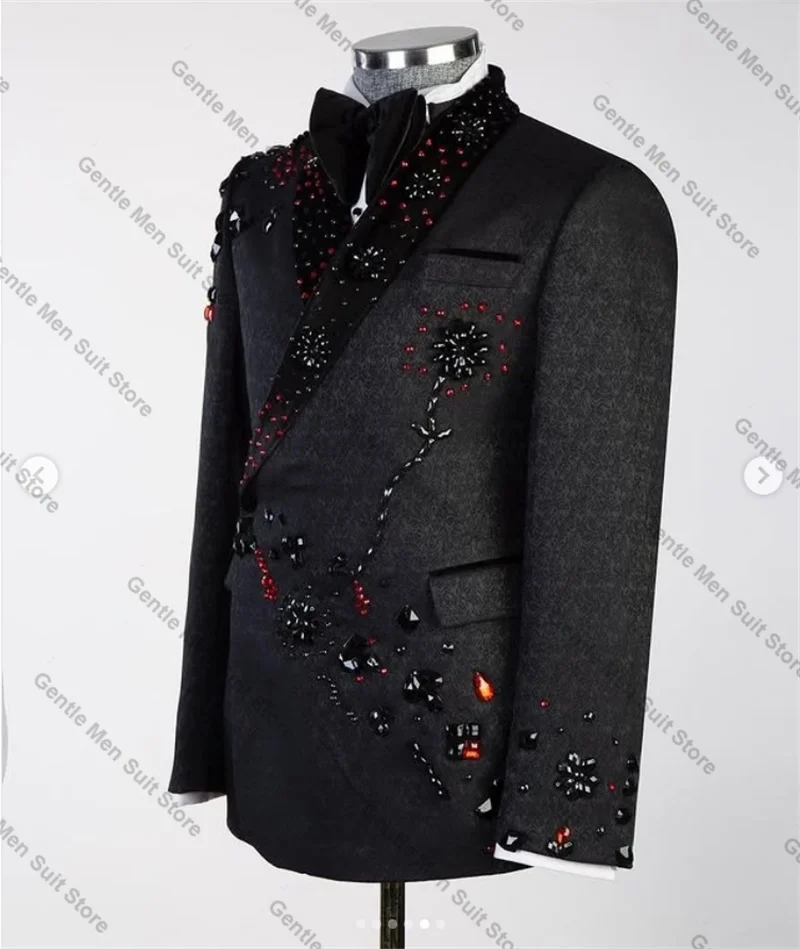 Kristalle Jacquard Herren Anzug Hosen Set 2-teilig Schwarz Blazer + Hose Hochzeit Smoking Prom Mantel Maßgeschneiderte formelle Bürojacke