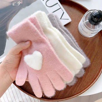 Koreańskie różowe rękawiczki Love Heart Damskie pluszowe rękawiczki Jesienne i zimowe grube rękawiczki z pełnymi palcami Dziewczęce ciepłe rękawiczki z ekranem dotykowym
