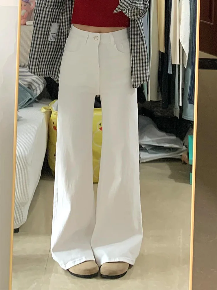

High Waist Wide Leg Jeans Women's White Loose Straight Drapey Versatile Floor-Length Pants Spring Autumn Casual Cotton Blend