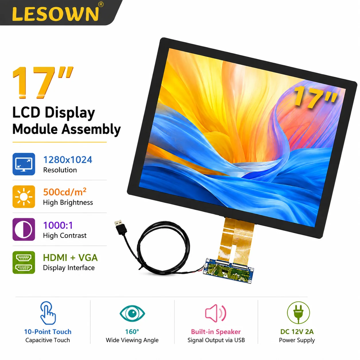 LESOWN 17" 1280x1024 Capacitive Touch Screen HDTV VGA Board Plug and Play Pantalla LCD for Industrial Monitors