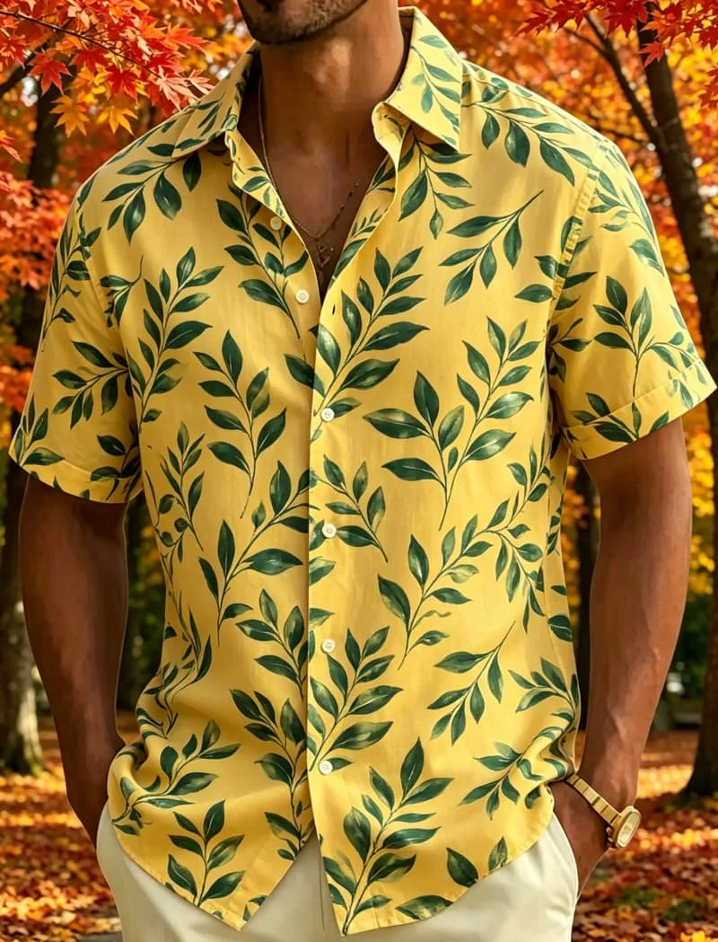 Men's Leaf Print Tropical Short Sleeved shirt, Suitable For Summer wear, Casual activities, And Versatile Natural Style