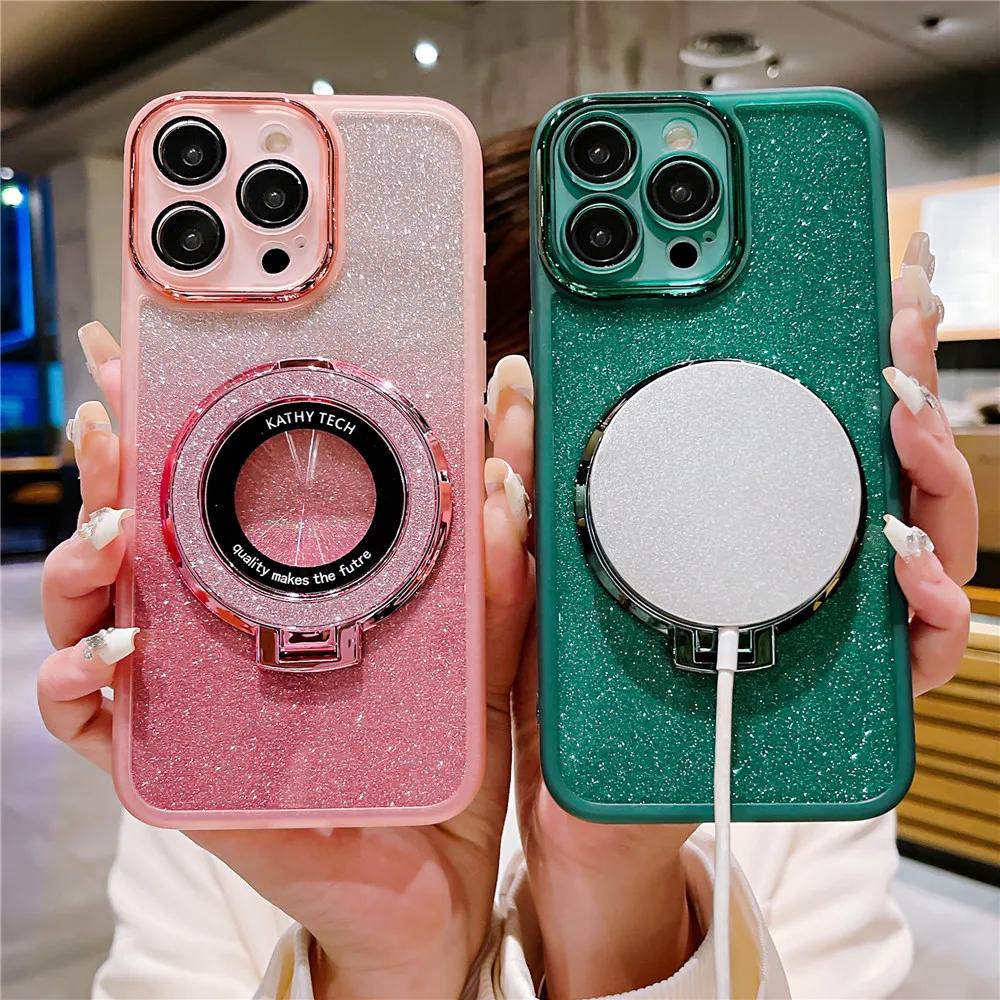 Gradient Glitter Stand Holder Magnetic Case For Xiaomi Redmi Note 13 Pro Note13 Pro Plus 13C 13 Lite 13T POCO X6 Silicone Cover