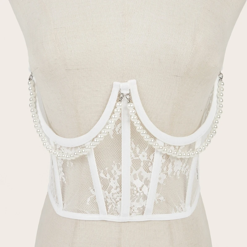 Delicate Female Waist Corset with Dangle Pearl Chain Waist Belt Woman Sheer Lace Pattern Slimming Waistband Corsets