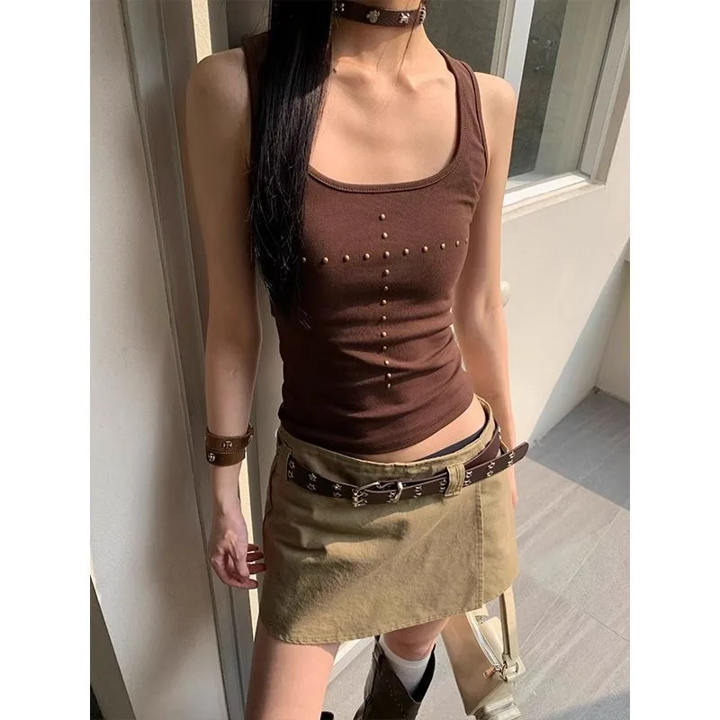 

Deep Coffee Rivet Maillard Suspender I-shaped Outer Wear Short Vest Versatile Casual Top