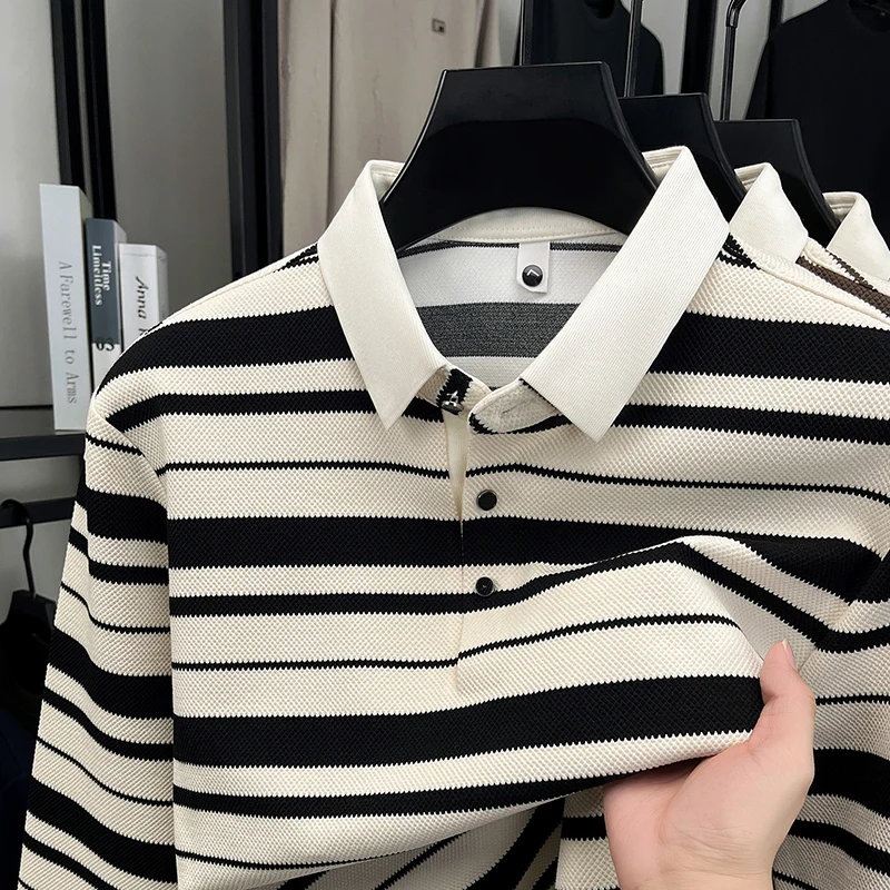 

Men's Autumn Striped Long-Sleeved T-Shirt Collar Multi-color Long-Sleeved Polo Shirt High Quality Trendy Casual Drape Men's Wear