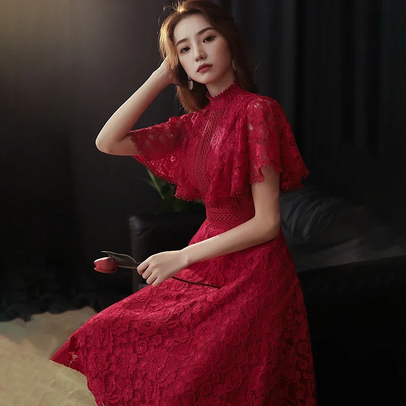 Lace Party Dresses Women Burgundy High Collar Half Sleeves Tea-length A-line Plus size New Ruffles Customized Formal Dress A071