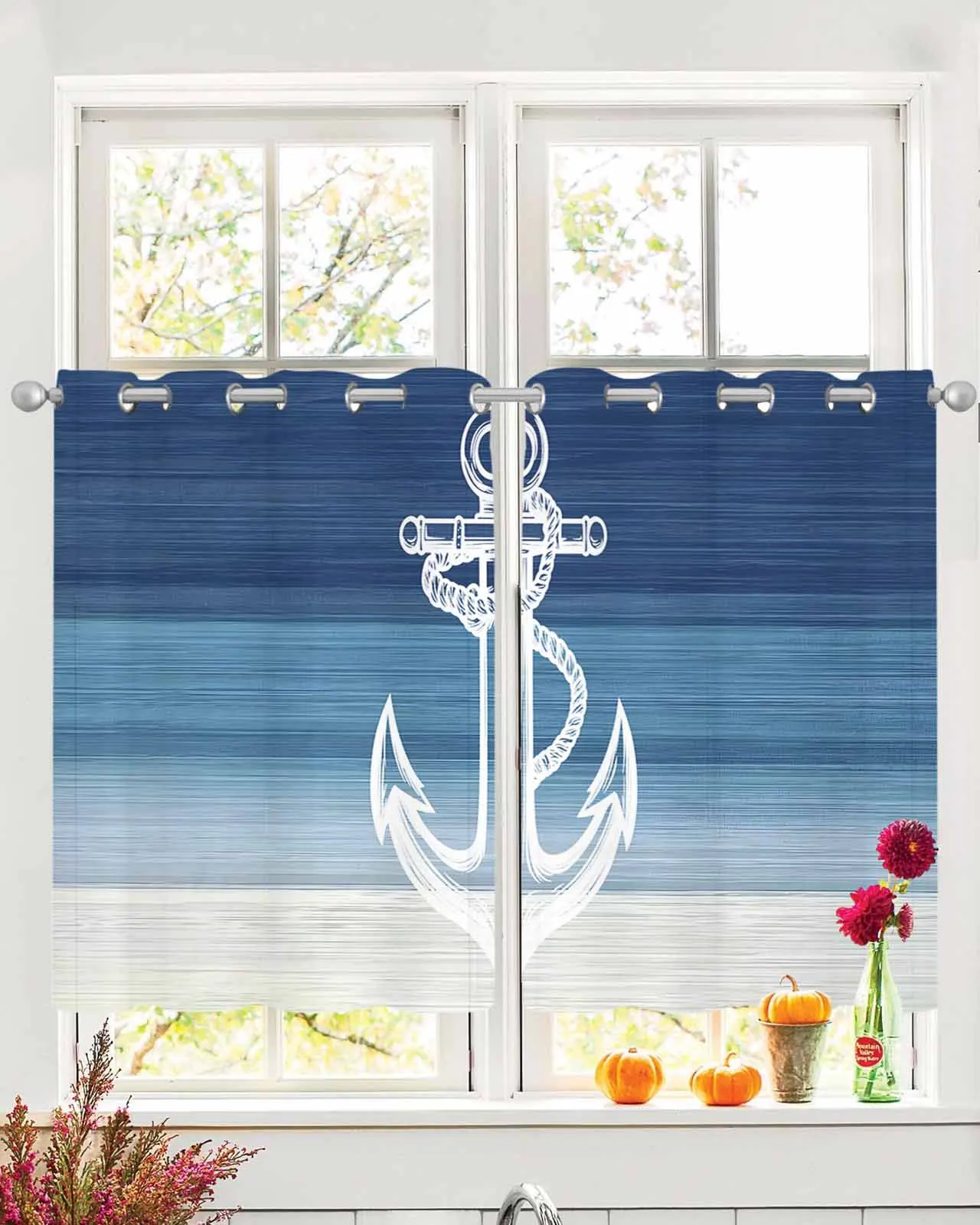

Navy Blue Nautical Anchor Sheer Curtains For Living Room Window Transparent Voile Tulle Curtain Cortinas Drapes Home Decor