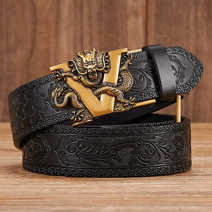 3.5CM V Buckle Cowskin Genuine Leather Belt Quality Alloy Automatic Print Wasitbad Strap Gift Bussiness Male Men