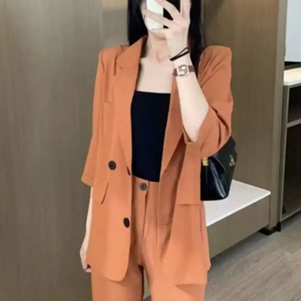 Versatile Suit Jacket Elegant Women's Double Breasted Suit Jacket with Flap Pockets Casual Everyday Business Outwear with Single