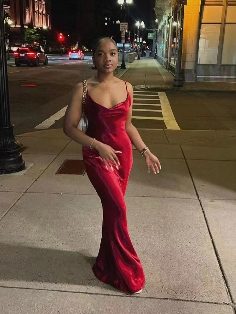 Sólido cetim estilingue maxi vestidos femininos moda elegante sem mangas fora do ombro sem costas vestidos de cintura alta 2025 senhora roupões de festa