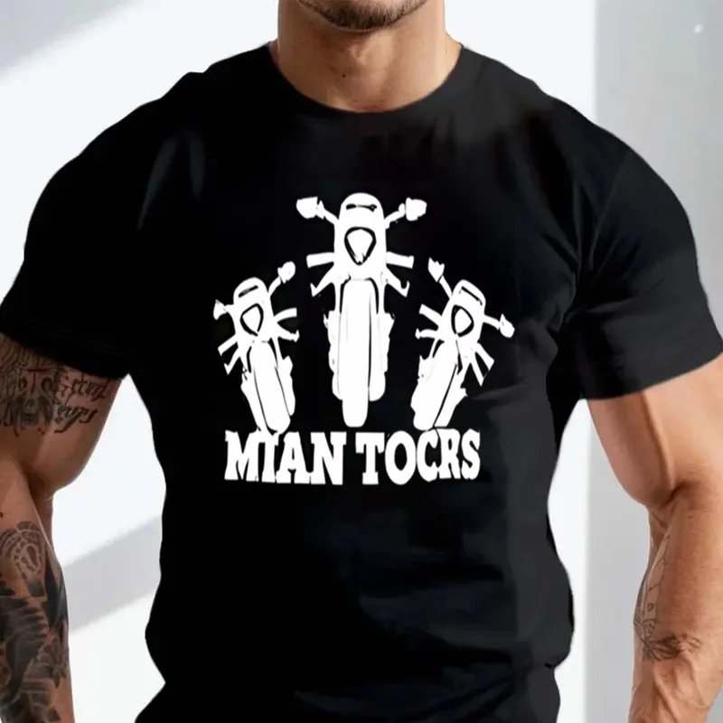 Kurzarm-T-Shirt aus Baumwolle mit kräftig weißem Motorrad-Grafikdesign – MIAN TOCS – perfekt für Fahrrad-Enthusiasten-T-Shirts