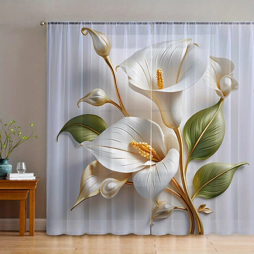 2pcs White Calla Lily Curtains Gold Leaf Floral Window Drapes Elegant Living Room Bedroom Home Decor Sheer Tulle Curtain