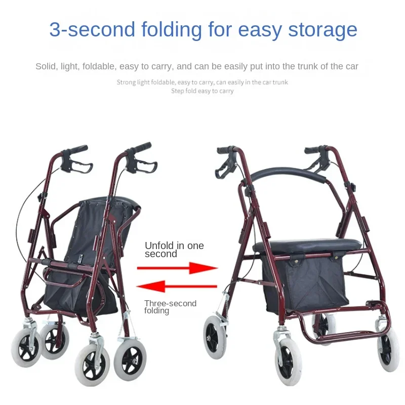 Aluminum Alloy Elderly Shopping Handcart, Push-and-Sit Capability, Four-Wheel Foldable Cart, Seating Mobility Walker