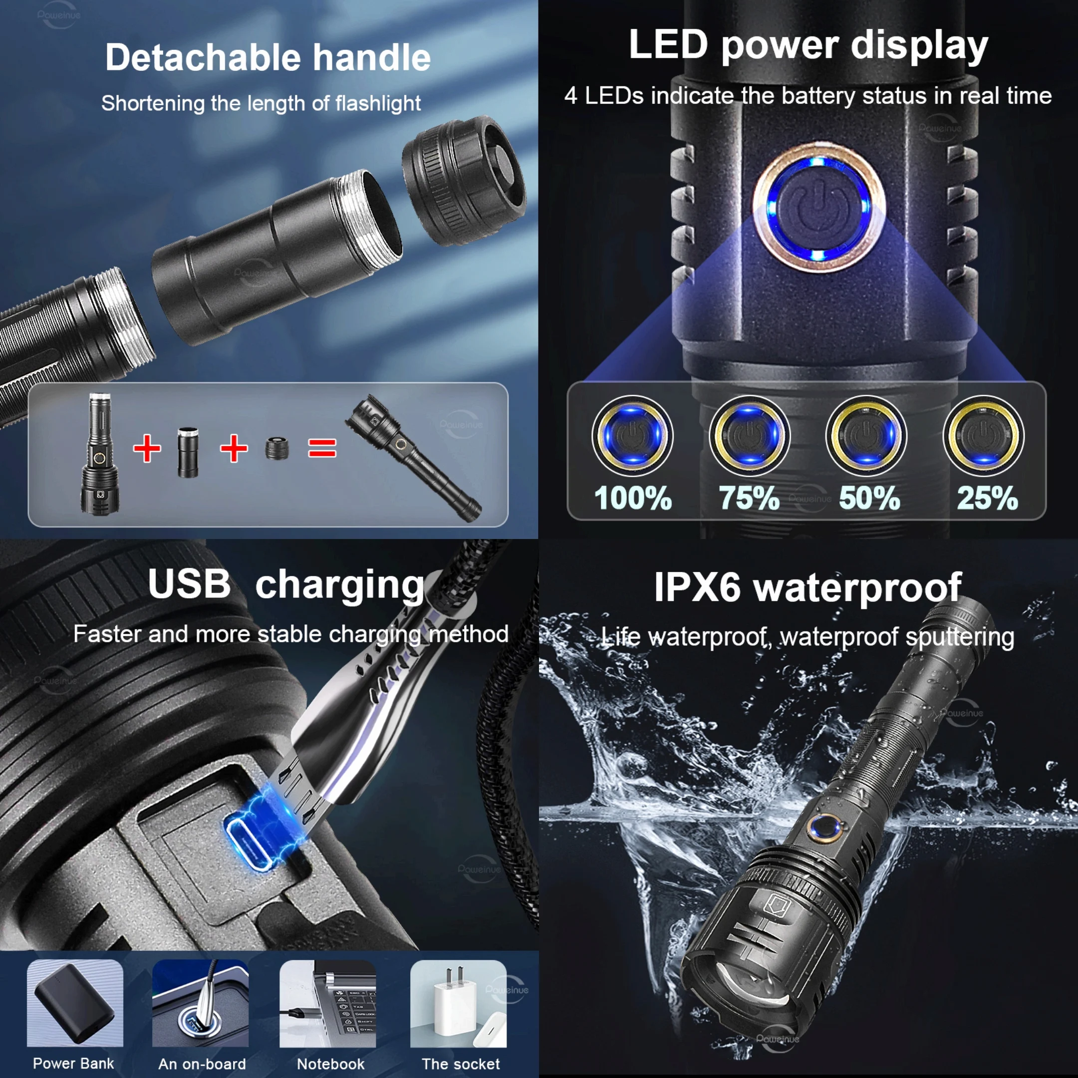 Imagem -05 - Rechargeable Flashlight 600w High Power Led Flashlight Xhp90 Powerful Torch Usb Tactical Lantern Zoom Lighting 5000m 10000000lm