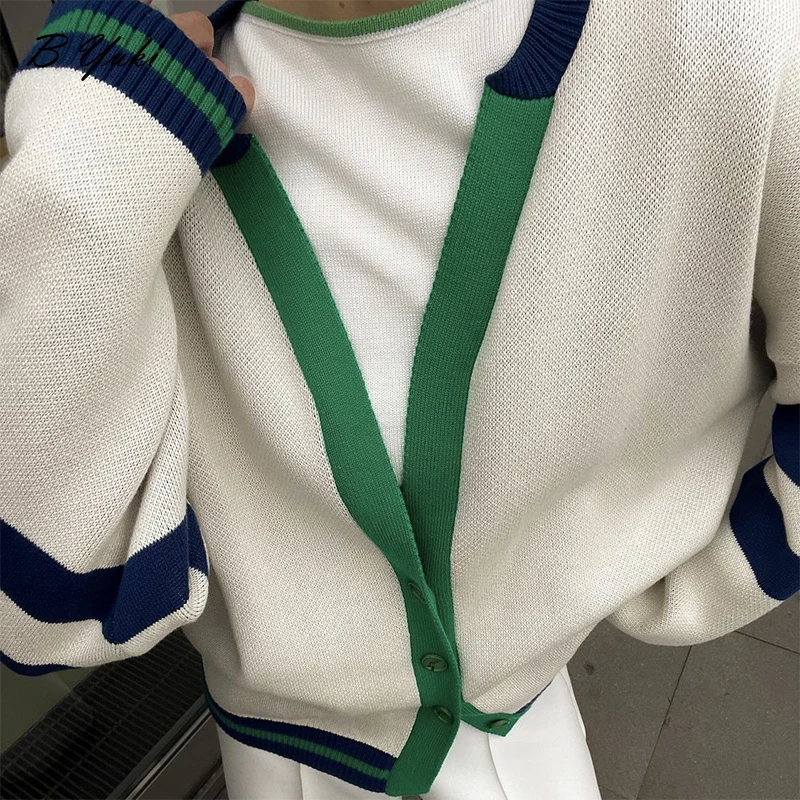 Blessyuki Oversized Knit V-Neck Cashmere Cardigan Sweater Women 2023 Autumn Winter Contrast Stripe Sweaters Female Casual jumper