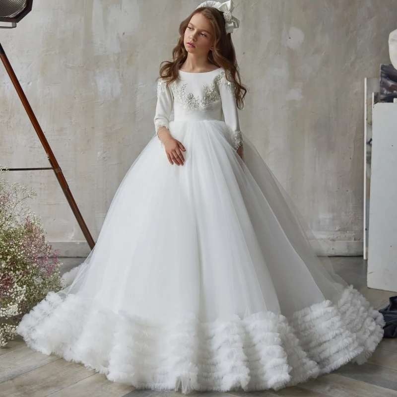 

White Flower Girl Dresses Tulle Sequin Appliques Tiered With Bow Long Sleeves For Wedding Birthday Party First Communion Gown