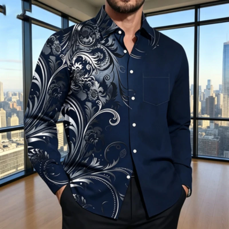 Men's Long Sleeved Shirt  Lapel Shirt  Asymmetrical Baroque Rolled Grass Floral Print Shirt  European And American Business Casu
