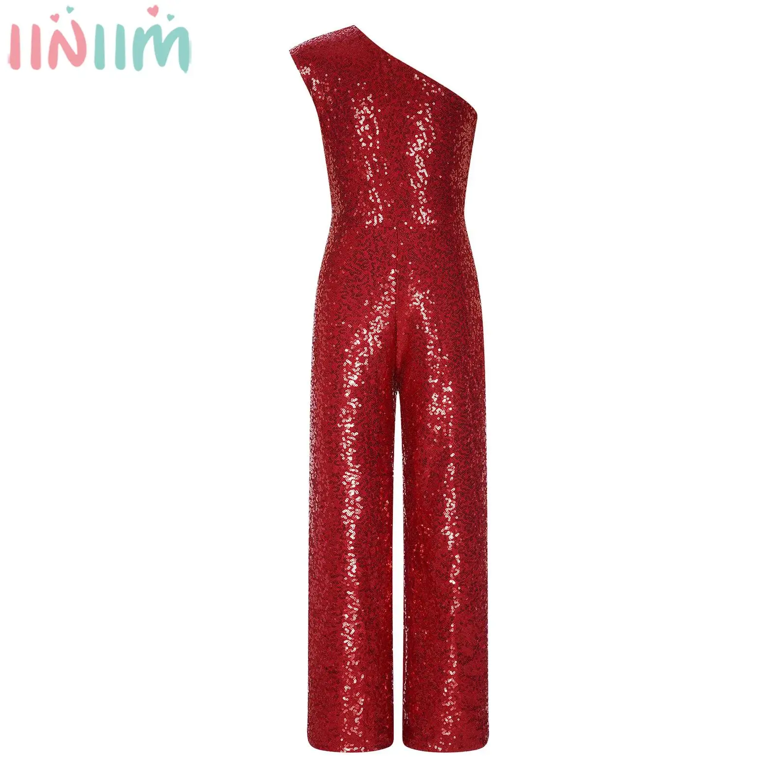 Kids Girls Sequin One Shoulder Jumpsuit Sleeveless High Waist Bodysuit Leotard for Birthday Wedding Party Cocktails Evening