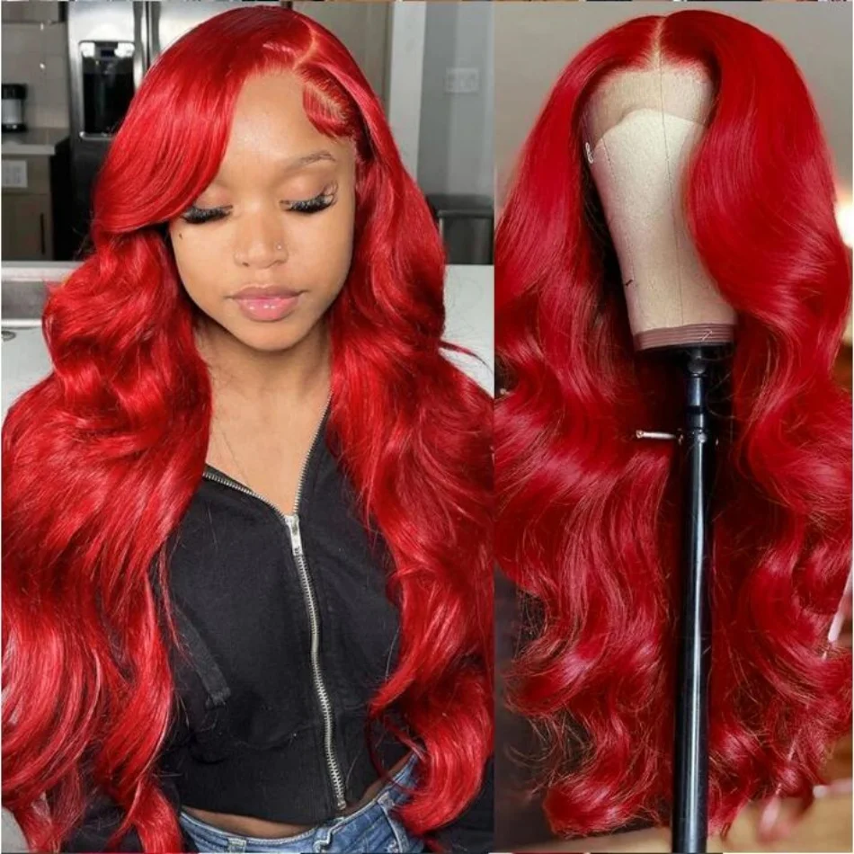 13x4 Hot Red Lace Front Human Hair Wigs Body Wave Burgundy Red Colored Transparent Lace Front Wigs Human Hair Remy 180% Density