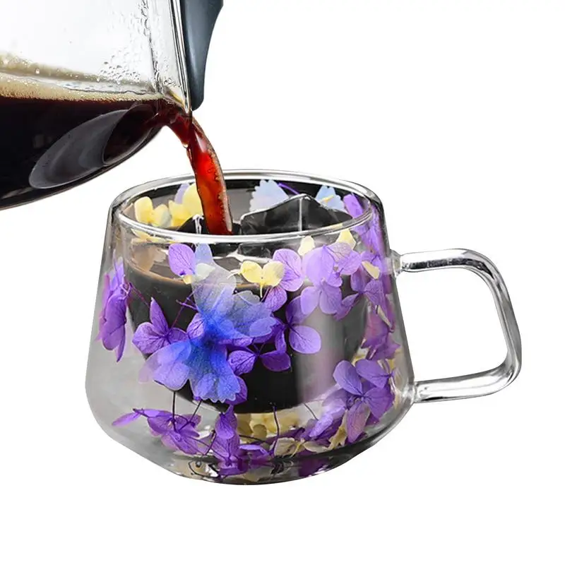 Dried Flower Double Wall Clear Glass Coffee Mugs Dried Flower Decorated Coffee Cup Milk Mug Heat Resistant Tea Cups Glass Mug