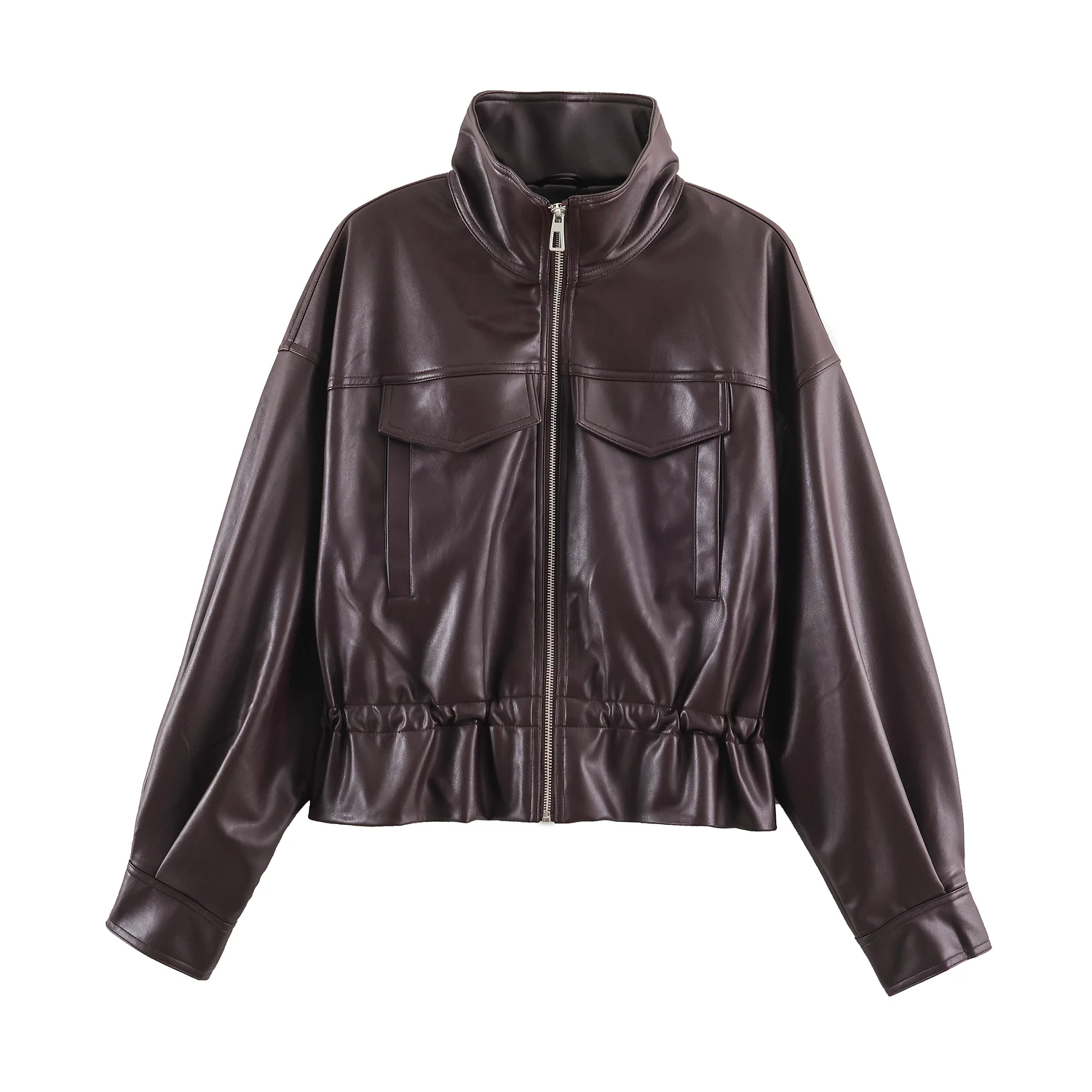BSAY Streetwear Damen Kunstleder-Optik Jacke Stehkragen Verstellbare Geraffte Taille Mehrere Taschen Übergroße Kurze Außenjacke – Detail 5