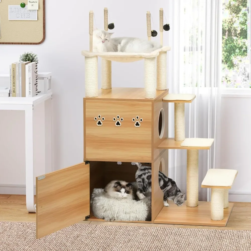 

Modern Cat Tree With Litter Box Enclosure Houses and Habitats Large Cat Tower With Hammock Beds Cats Cats Pet Products Bed For &