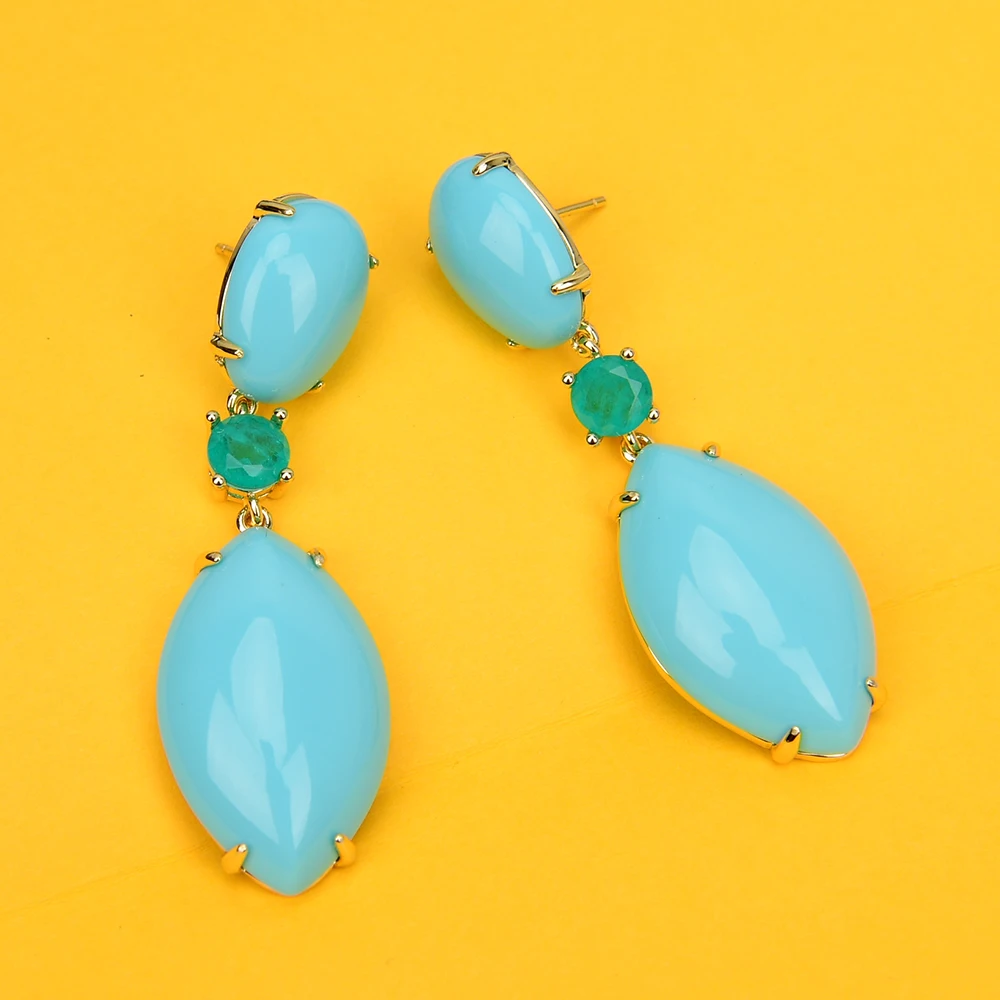 GG Blue Turquoise Green Jade Gold Plated Stud Drop Earrings Handmade Gifts For Lady Party Jewelry