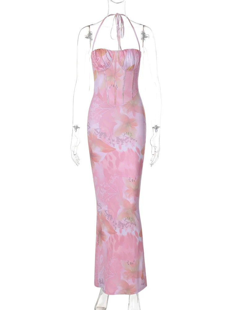 Hugcitar-Robe Longue Élégante à Imprimé Floral pour Femme, Dos aux, Froncée, à Lacets, Fente Latérale, Sexy, Slim, Tenue d'Été, Vacances d'Anniversaire
