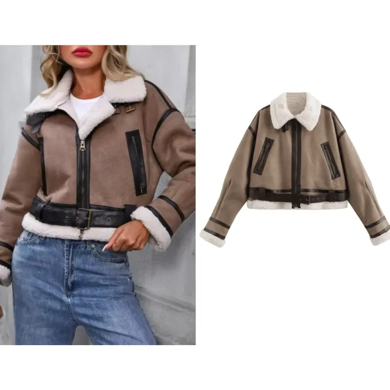 

Women Fur Integrated Short Jacket Autumn Winter Lapel Pocket Long Sleeve Tops Casual Retro Fashion Female Outerwear