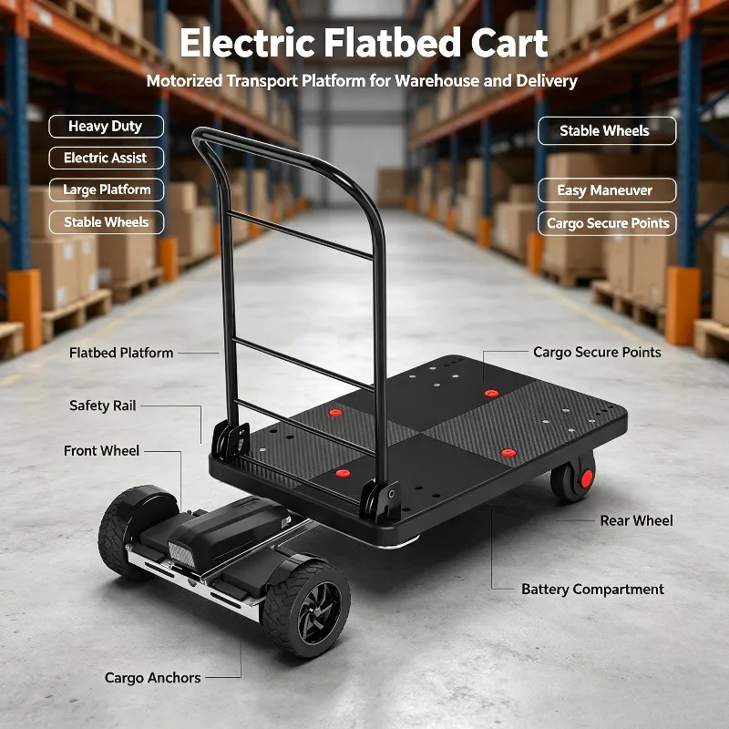 Electric Flatbed Hand Truck Compact Powered Trolley For Grocery Shopping Courier Delivery Warehouse Cargo Handling Work